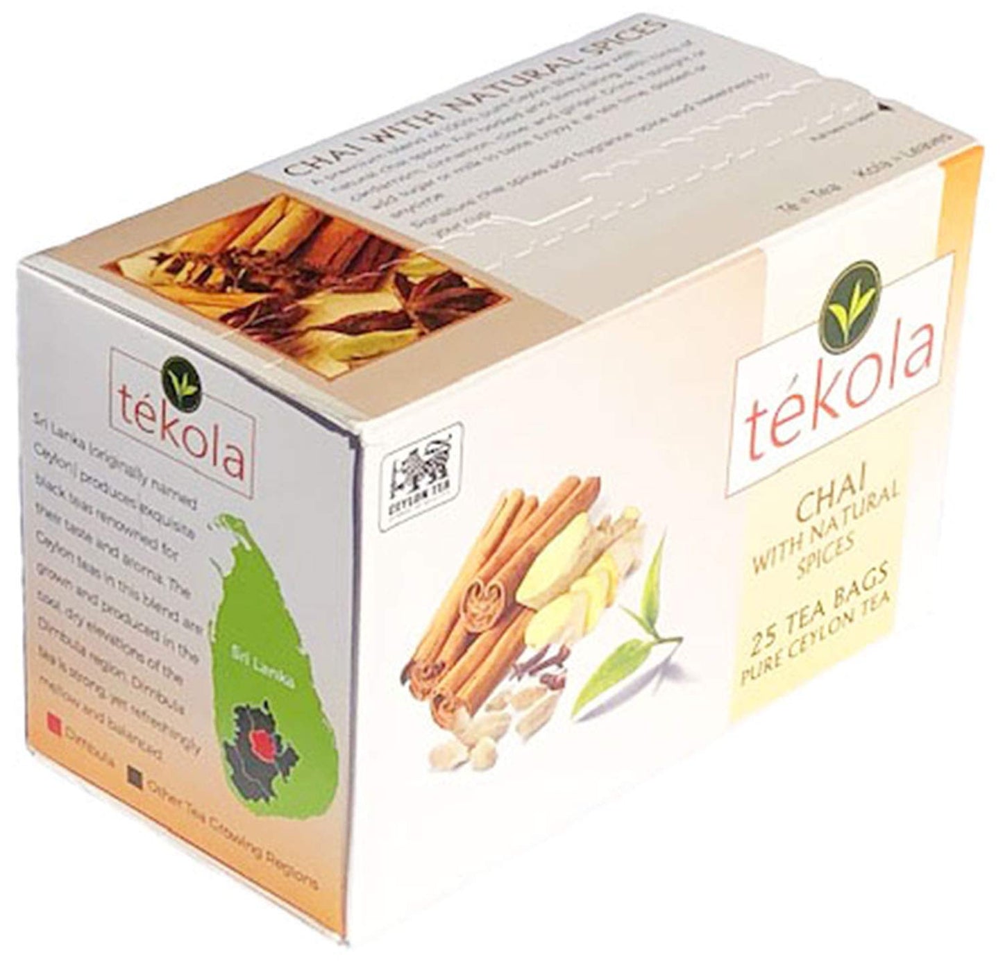 tekola, Ceylon Black Tea with Natural Chai Spices. A premium blend of 100% pure Ceylon Tea. Full bodied and stimulating, with hints of cardamom
