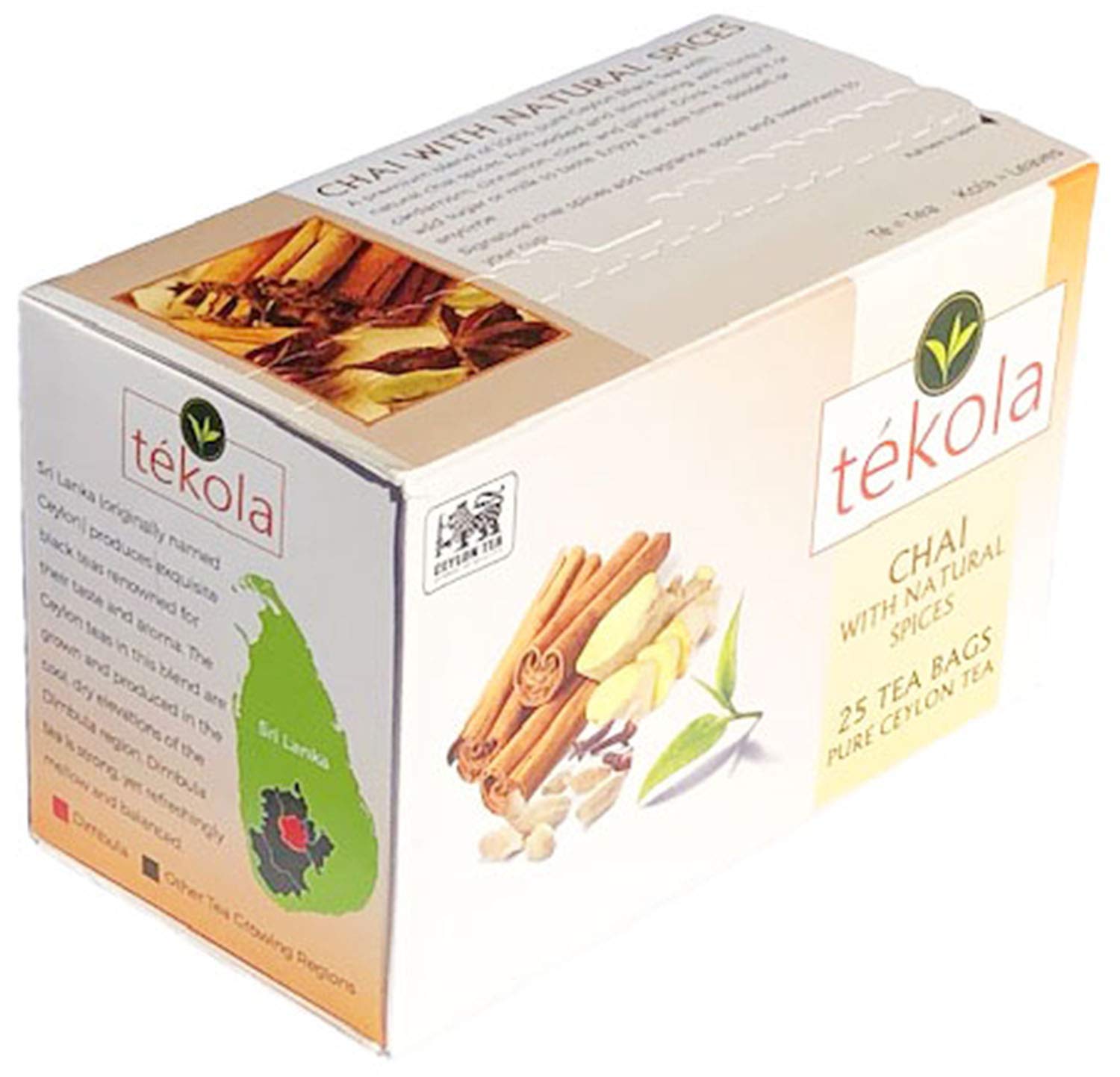 tekola, Ceylon Black Tea with Natural Chai Spices. A premium blend of 100% pure Ceylon Tea. Full bodied and stimulating, with hints of cardamom