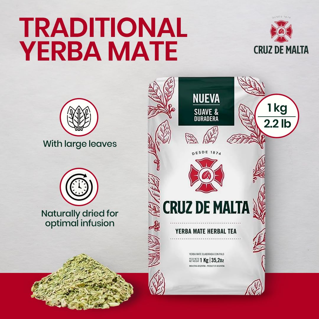 Cruz de Malta Yerba Mate Tea - 1kg (2.2 lbs) Loose Leaf - Traditional Argentine Herbal Tea - Smooth Flavor, Naturally Sourced - USA Specific Packaging