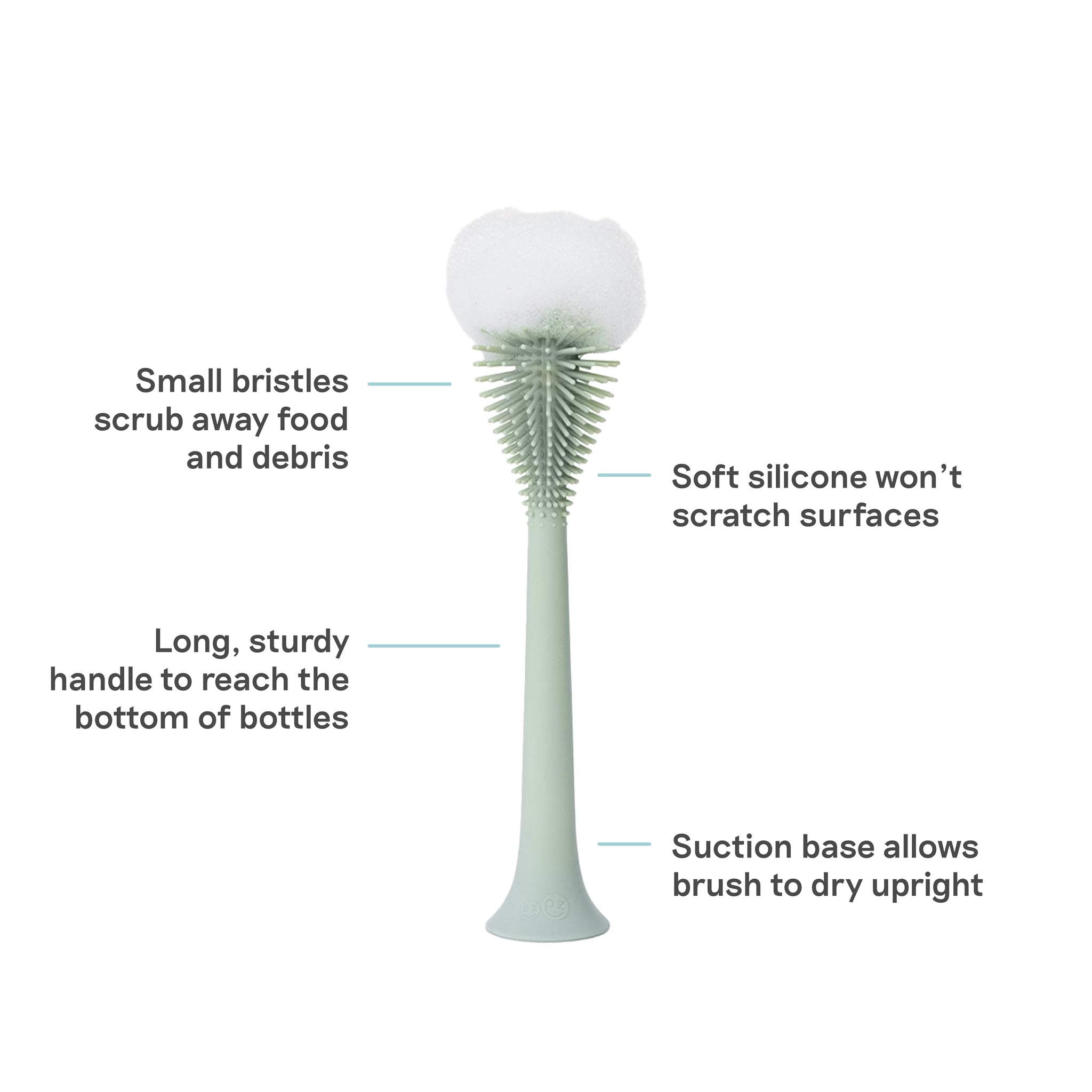 ezpz Bottle Brush (Sage) - Odor-Resistant Silicone Cleaning Tool with Long Sturdy Handle and Suction Base - Flexible Top for Tight Spaces - Gently