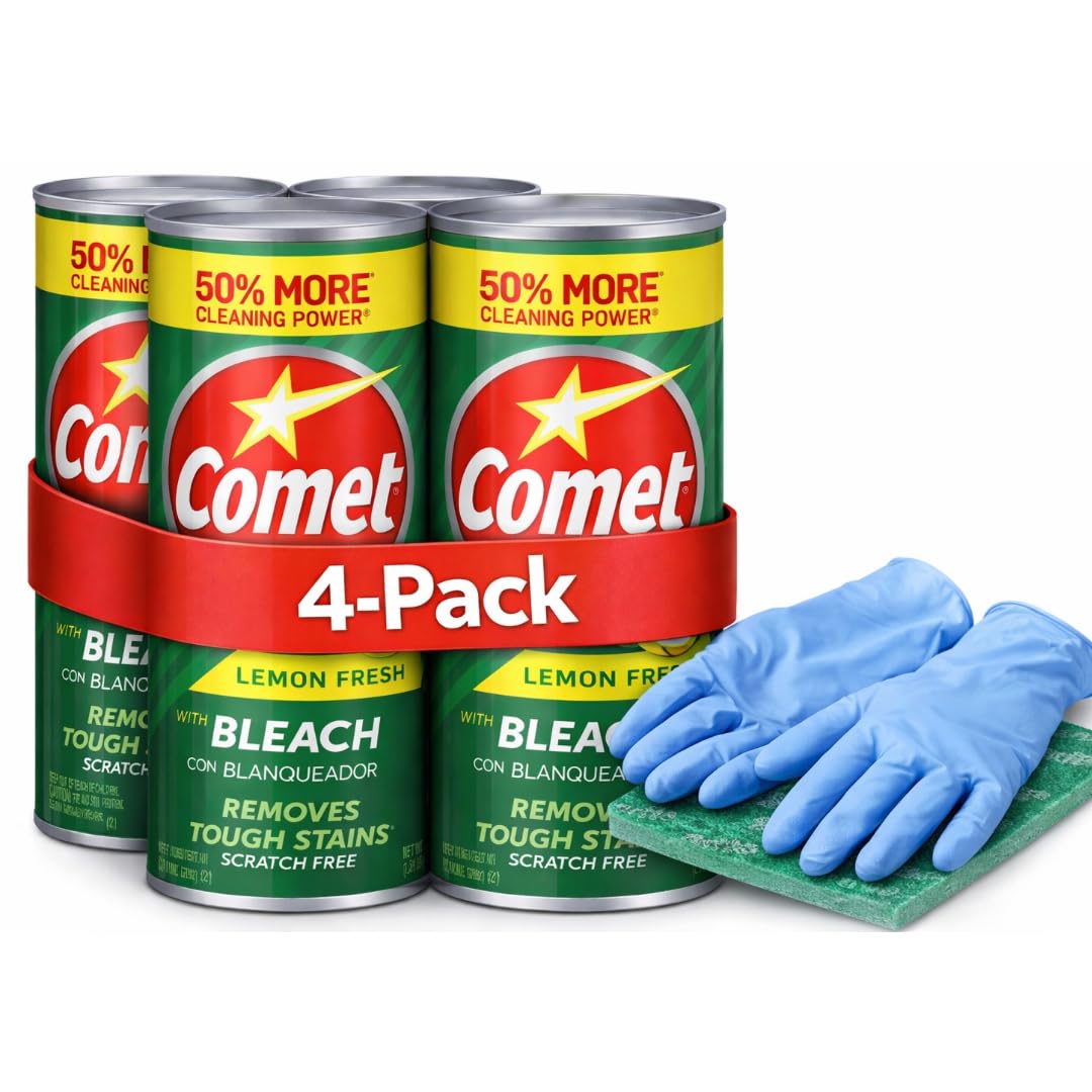 Glowsence 4-Packed Cømet 21 oz. All Purpose Abrasive Powder Cleanser with Bleach, Lemon + 1 Pair Industrial Nitrile Gloves (Powder-Free, 4 Mil