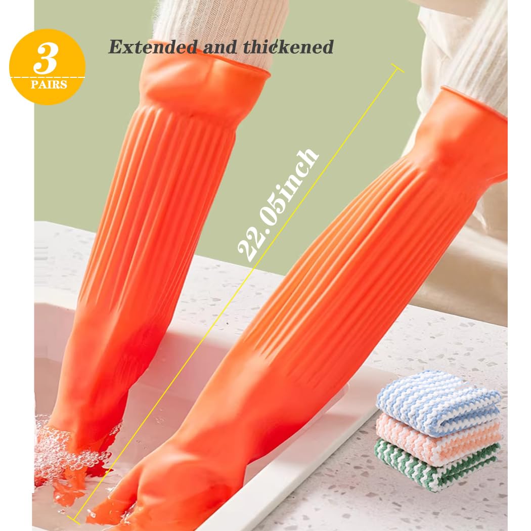 Vsootal 3 Pairs Household Extra Long Kitchen Gloves for Washing Dishes?20.05inches Rubber Cleaning Gloves?Reusable Latex Living Wash Gloves?Long