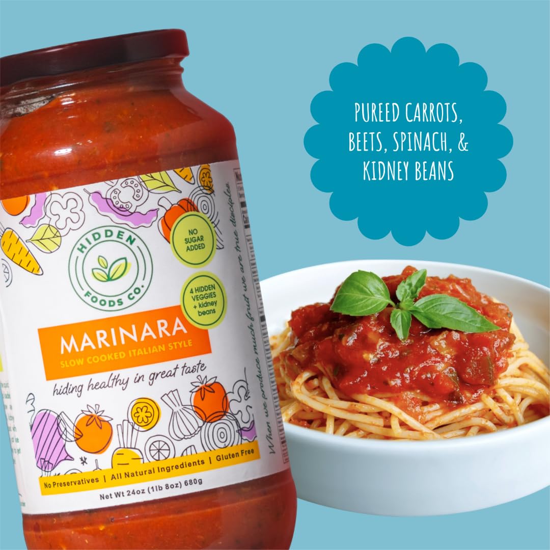 Hidden Foods Slow Cooked Marinara Sauce with Natural Vegetables, 24 oz. Jar, Low Carb and Low Sodium, No Sugar Added, Thick and Delicious Flavor