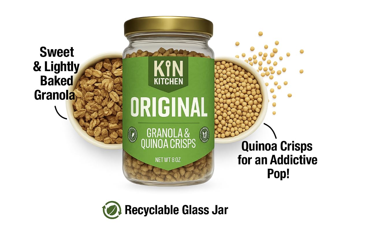 Kin Kitchen non-GMO Granola & Organic Quinoa Crisps, in a Glass Jar Recyclable and Resusable. Made with Real Fruit. No Aritificial Colors, Flavors, or