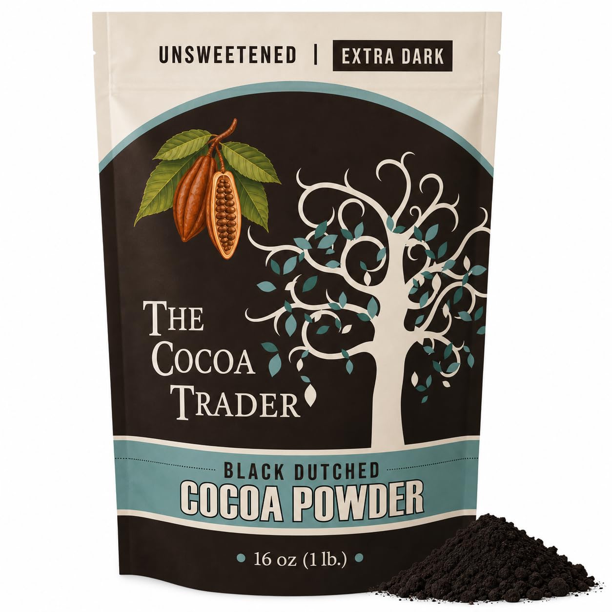 The Cocoa Trader Black Cocoa Powder for Baking (1 lb) - Darkest Dutch Processed Cocoa - Natural Jet Black Food Coloring Substitute - Unsweetened, Alkalized, Vegan, Gluten Free, 65 Servings