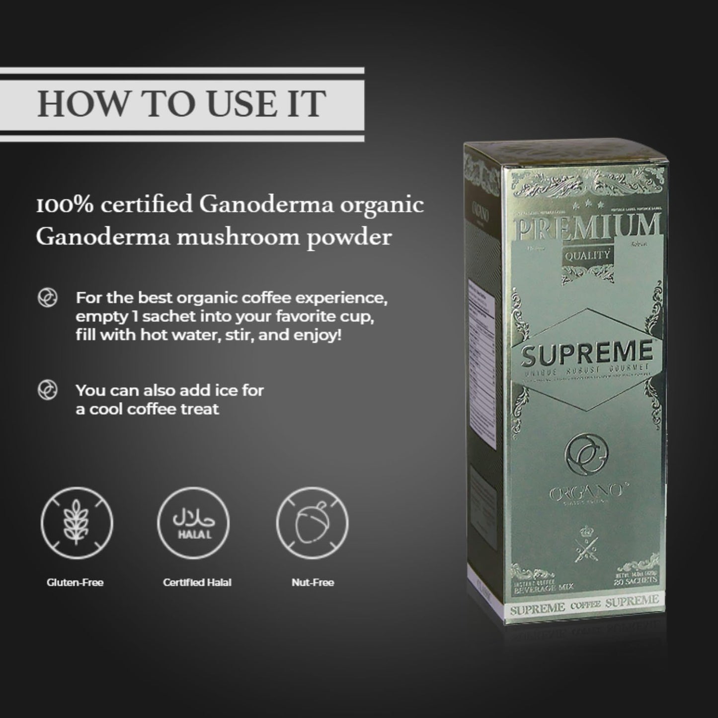 ORGANO Cafe Supreme, 100% Ganoderma Lucidum with Ginseng (20 Sachets)