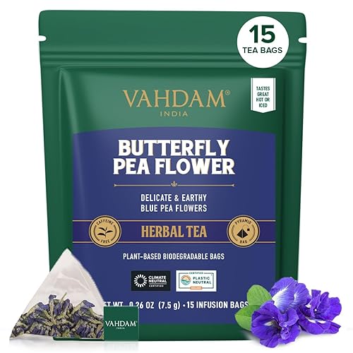 VAHDAM, Butterfly Pea Flower (15 Pyramid Bags) Vegan, Non-GMO | Delicate & Earthy | Direct From Source - Plant-Based Biodegradable | Brew Iced Tea