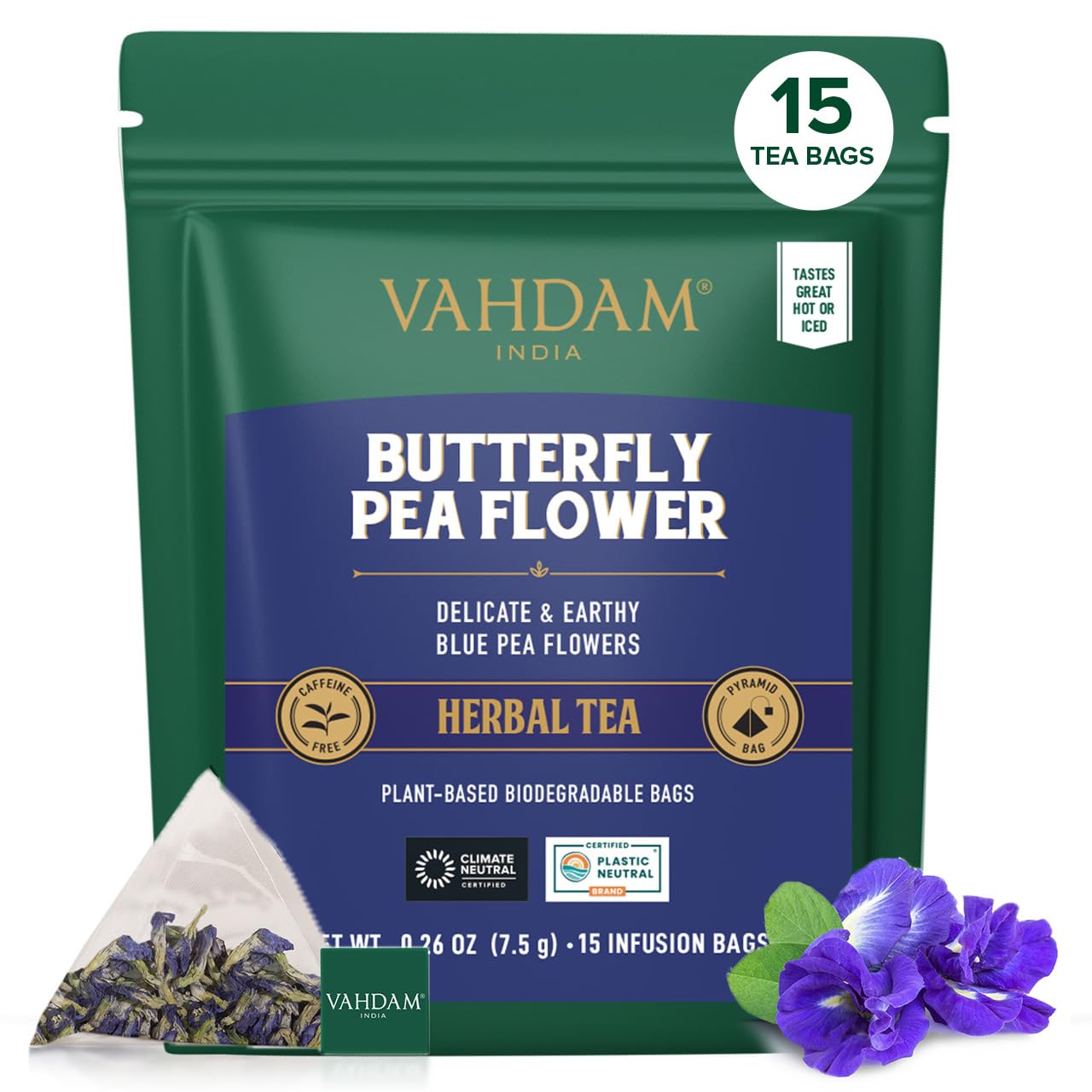 VAHDAM, Butterfly Pea Flower (15 Pyramid Bags) Vegan, Non-GMO | Delicate & Earthy | Direct From Source - Plant-Based Biodegradable | Brew Iced Tea