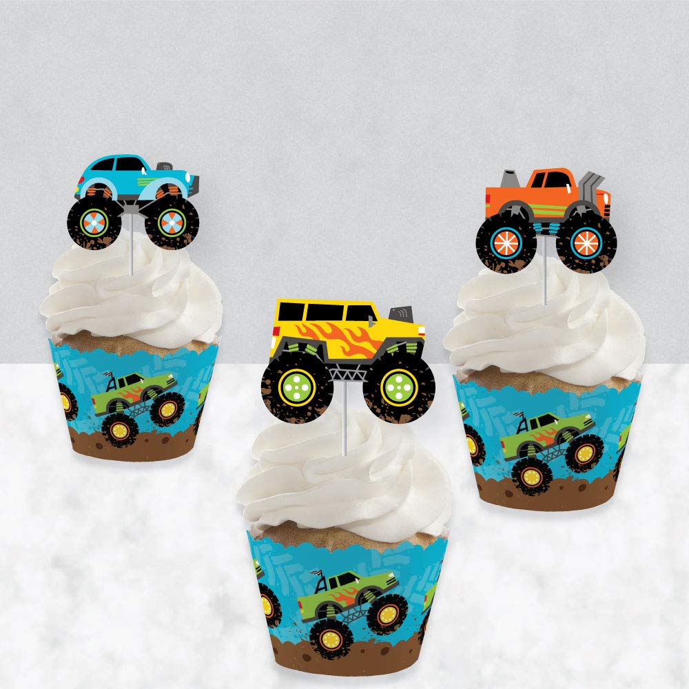 Big Dot of Happiness Smash and Crash - Monster Truck - Cupcake Decoration - Boy Birthday Party Cupcake Wrappers and Treat Picks Kit - Set of 24