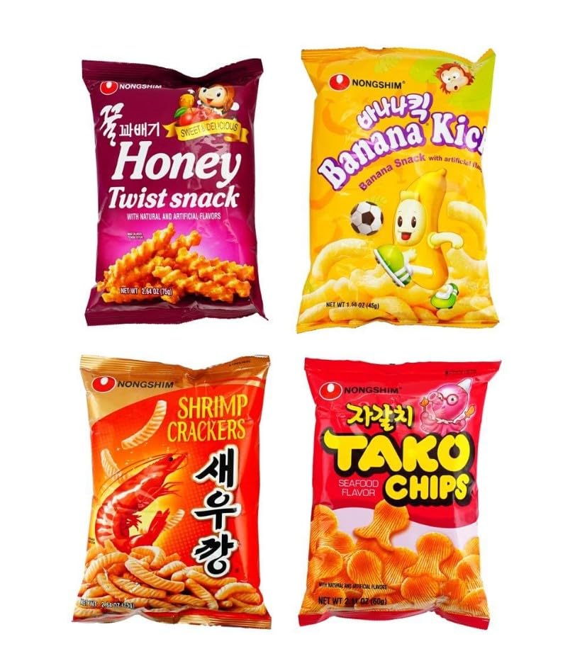 4 Packs Top Snack Selection Pack,Shrimp Crackers + Banana Crisps + Honey Twist + Tako Chips 9 oz