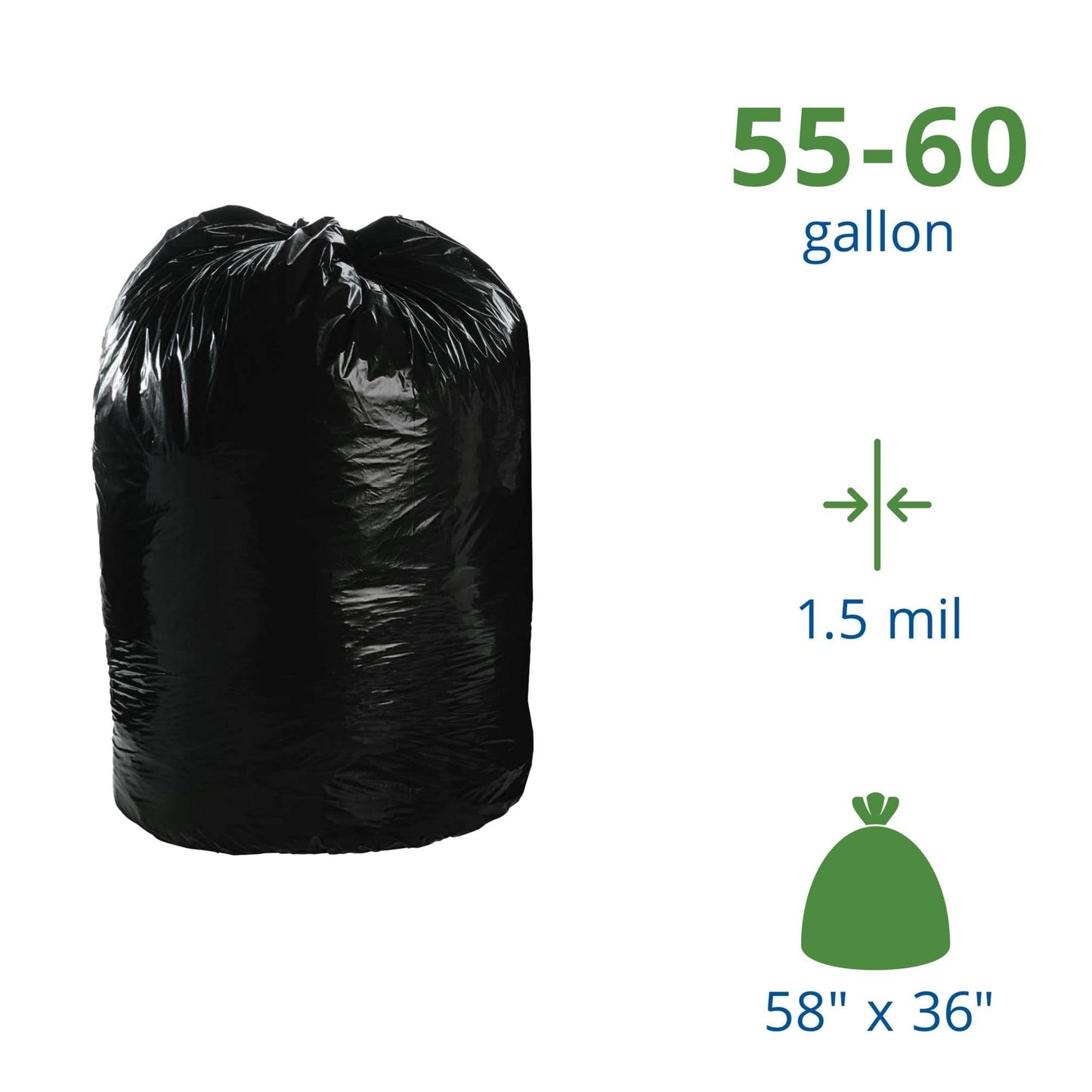 Stout by Envision 55-60 Gallon Heavy Duty Total Recycled Content (TRC) Trash Bags, XX-Heavy 1.5 Mil Plastic, 30% PCM, 100 Bags, 36"x58" (T3658B15)