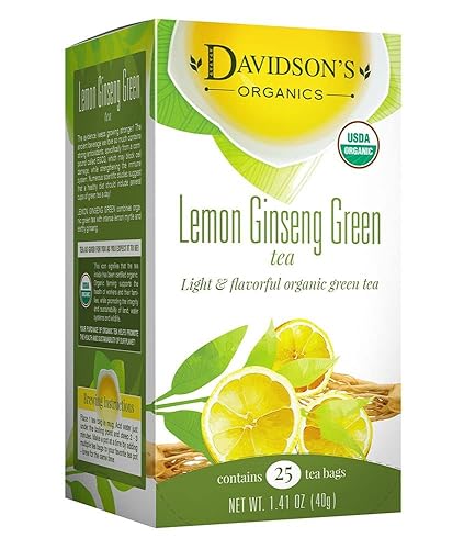 Davidson's Organics, Lemon Ginseng Green, 25-count Tea Bags, Pack of 6