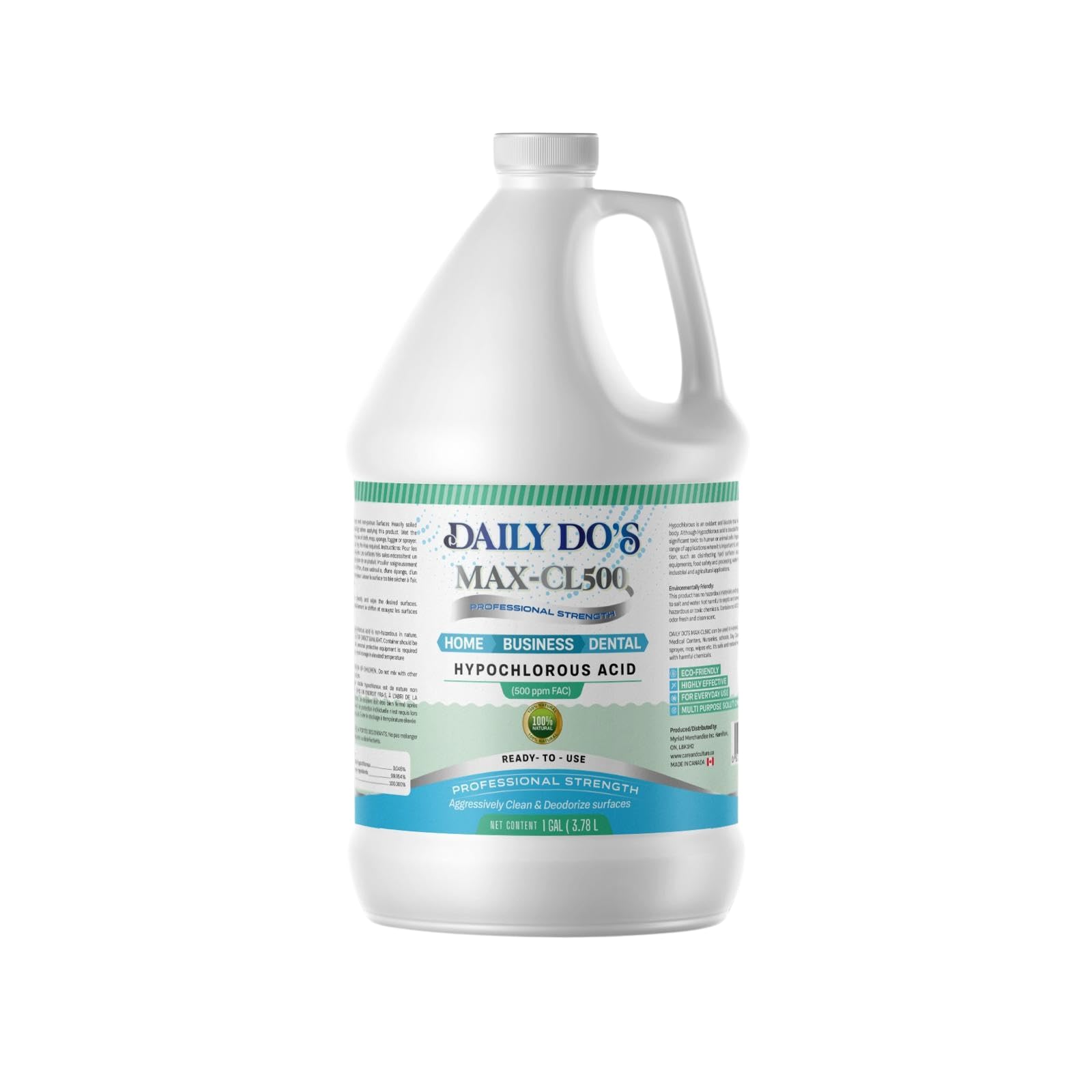 Daily Do's Hypochlorous Acid (HOCl) All Purpose - Cleaning Solution | 500ppm | 1 Gallon Value Size | Professional-Grade, Alcohol-Free & Non-Staining