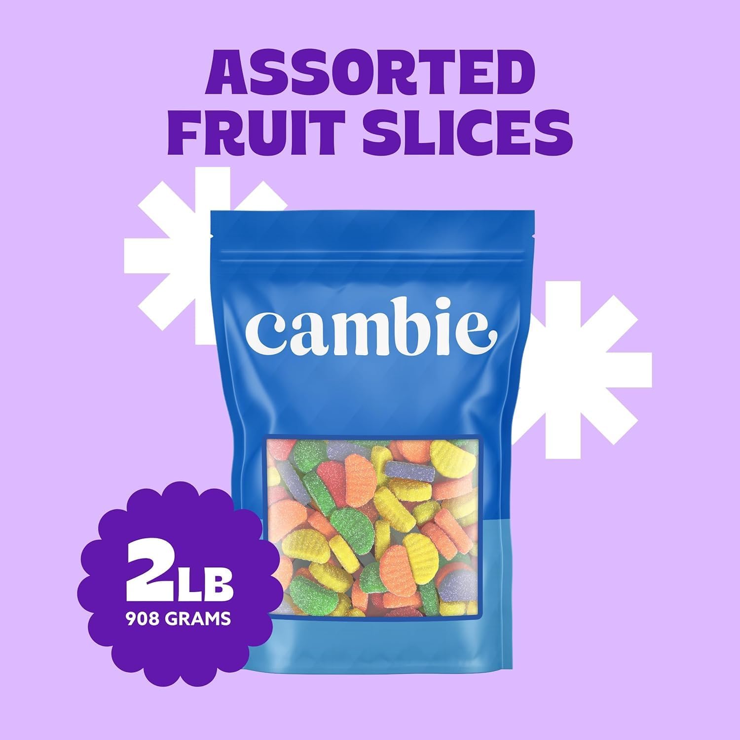 Cambie Fruit Slices Candy, 2 lb of Assorted Fruit Slices Jelly Candy in Five Mouth-Watering Flavors - Cherry, Orange, Mint, Grape and Lemon, Soft