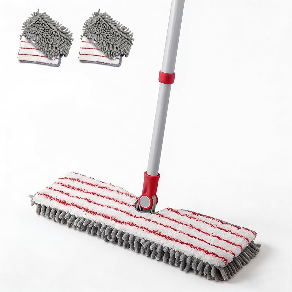 Microfiber Flat Mop 360° Rotating for Floor Cleaning, Wet Dry Dust Mop with 2 Washable Chenille Pads, Coated Iron Pole, Hardwood Floor Wall Baseboard