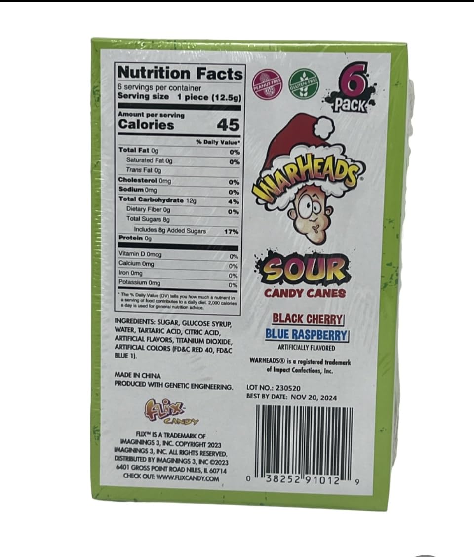 Warheads Sour Candy Canes, Black Cherry and Blue Raspberry, 2.64 Ounce 6ct (2)