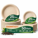 CHONNFEASTT® 50PCS Compostable Paper Plates: 10" / 8" Heavy Duty Disposable Plates for Dinner Dessert - Brown Sugarcane Bagasse Biodegradable & Eco