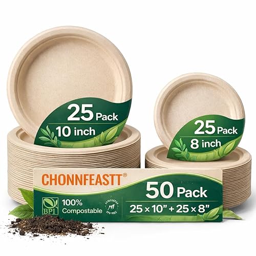 CHONNFEASTT® 50PCS Compostable Paper Plates: 10" / 8" Heavy Duty Disposable Plates for Dinner Dessert - Brown Sugarcane Bagasse Biodegradable & Eco