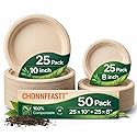 CHONNFEASTT® 50PCS Compostable Paper Plates: 10" / 8" Heavy Duty Disposable Plates for Dinner Dessert - Brown Sugarcane Bagasse Biodegradable & Eco