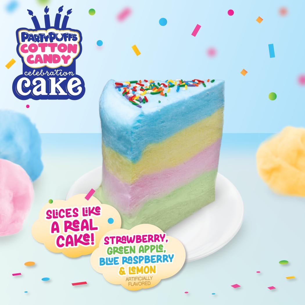 PartyPuffs Jumbo Cotton Candy Cake 13oz - Slices Like Real Cake - Strawberry Apple Blue Raspberry Lemon - Crunchy Candy Topping - Ready to Serve