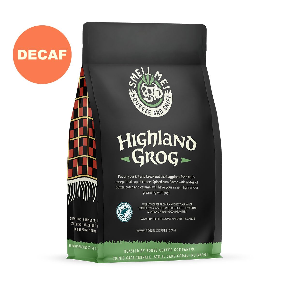 Bones Coffee Company Decaf Highland Grog, Butterscotch Caramel Decaffeinated Flavored Coffee, Medium Roast Low Acid Arabica Beans For Auto drip