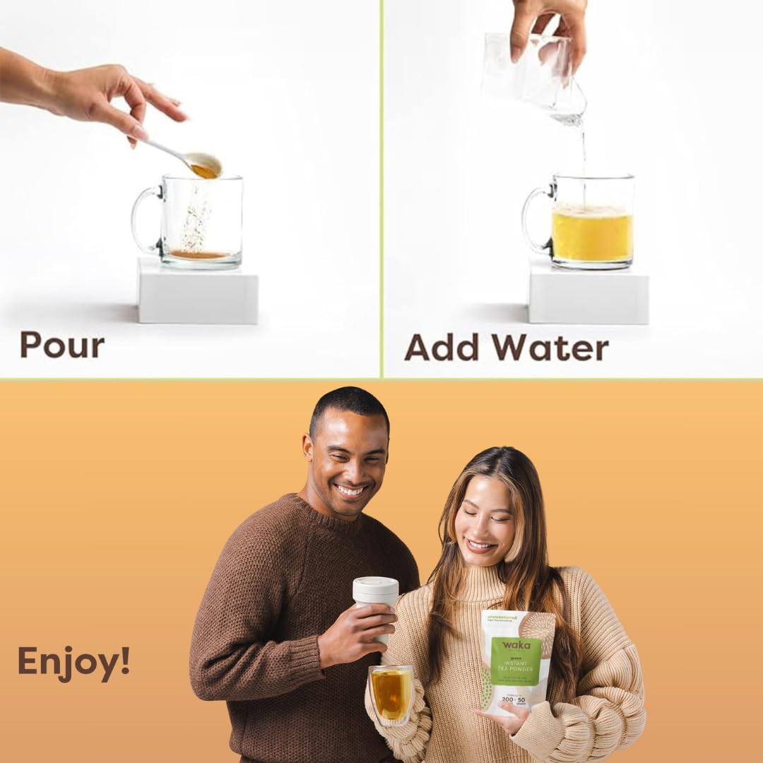 Waka Instant Green Tea Mix, Classic - 100% Tea Leaves, No Additives, Unsweetened Tea Powder for 50 Quarts or 200 Cups - Easy Quick Hot and Iced Teas