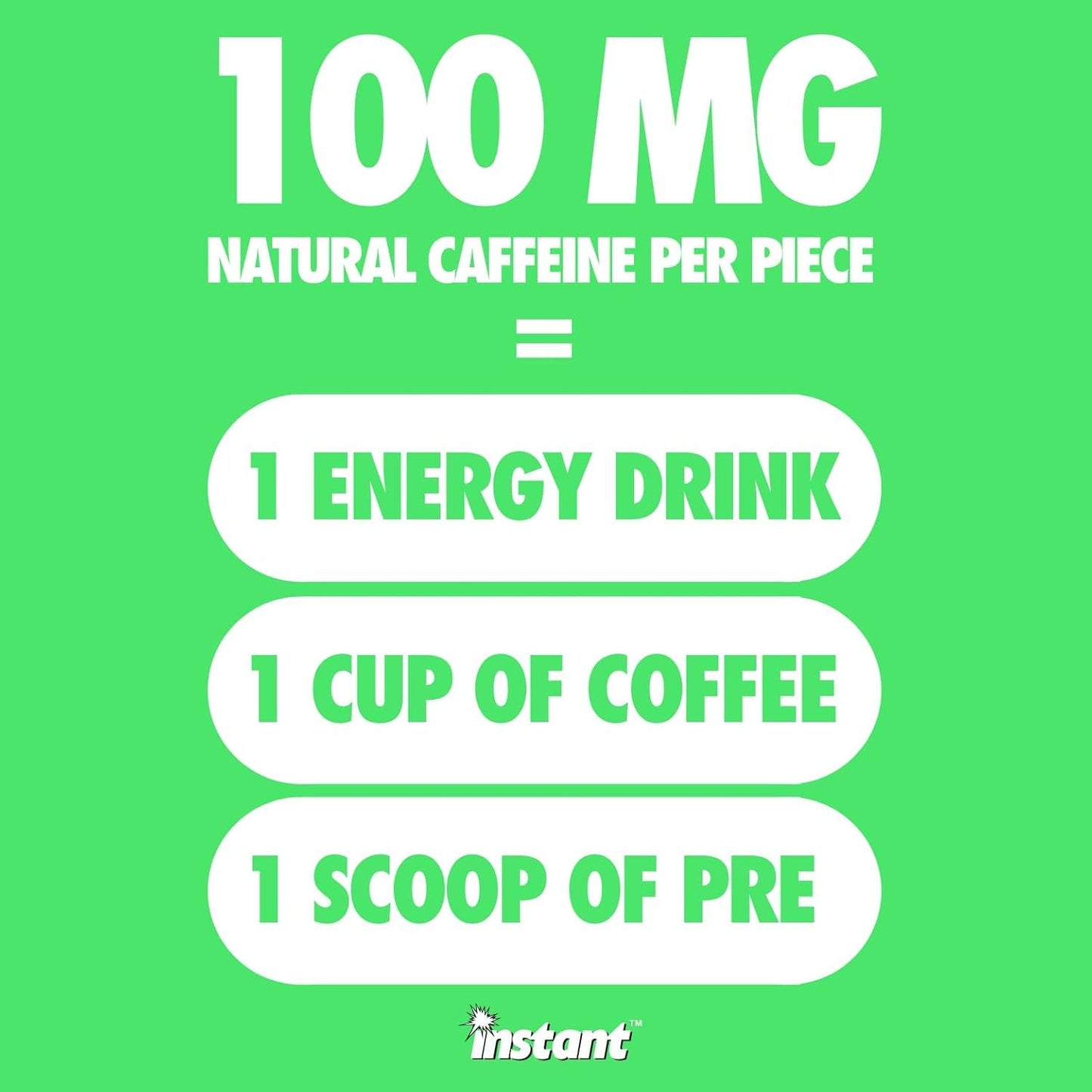 Instant Energy Gum Jar | Sour Apple | 60 Pieces | 100mg Natural Caffeine per Piece | 1 Piece = Energy Drink | Fast Acting + Electrolytes | Sugar Free