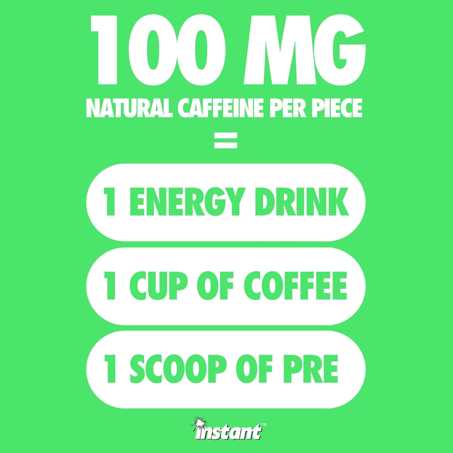 Instant Energy Gum Jar | Sour Apple | 60 Pieces | 100mg Natural Caffeine per Piece | 1 Piece = Energy Drink | Fast Acting + Electrolytes | Sugar Free