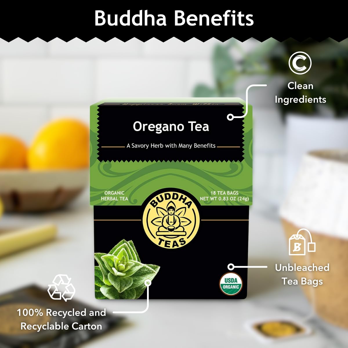 Buddha Teas - Organic Oregano Tea - Herbal Tea - For Health & Wellbeing - With Antioxidants & Minerals - Clean Ingredients - Caffeine Free - OU Kosher