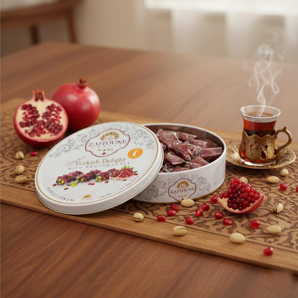Zaitoune Pomegranate Covered Turkish Delight - 9 oz | Stuffed with Pistachios & Cashews | Coated with Dried Pomegranate Seeds | Authentic Lokum Sweets