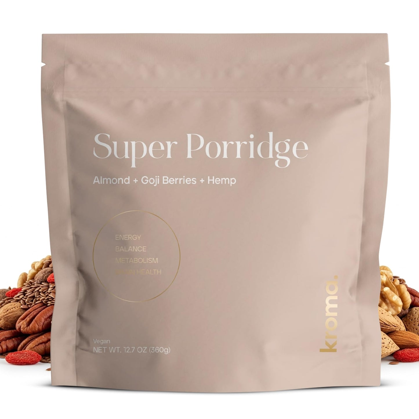 Kroma Super Porridge, 9 Servings, Gluten Free, Chocho Plant Protein, Vegan Superfood Breakfast Cereal with Hemp Seeds, Cinnamon, Oats, Coconut