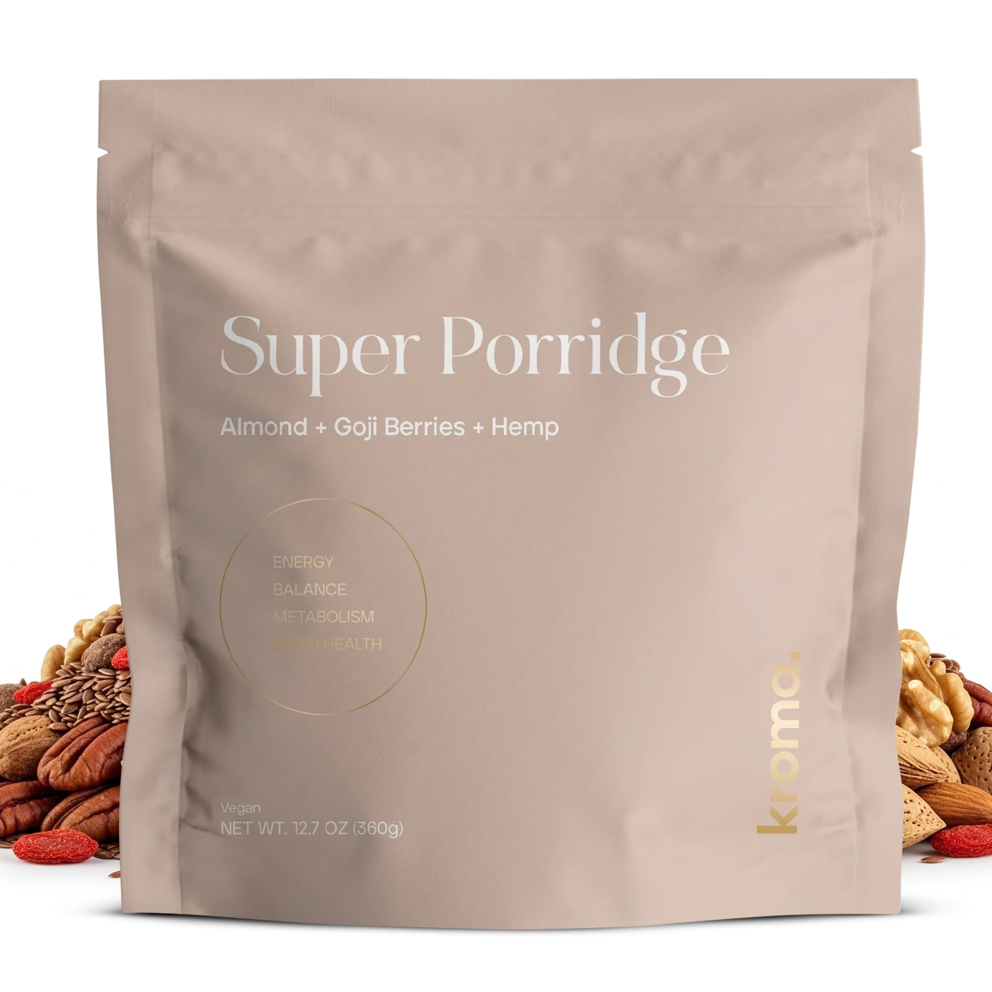 Kroma Super Porridge, 9 Servings, Gluten Free, Chocho Plant Protein, Vegan Superfood Breakfast Cereal with Hemp Seeds, Cinnamon, Oats, Coconut