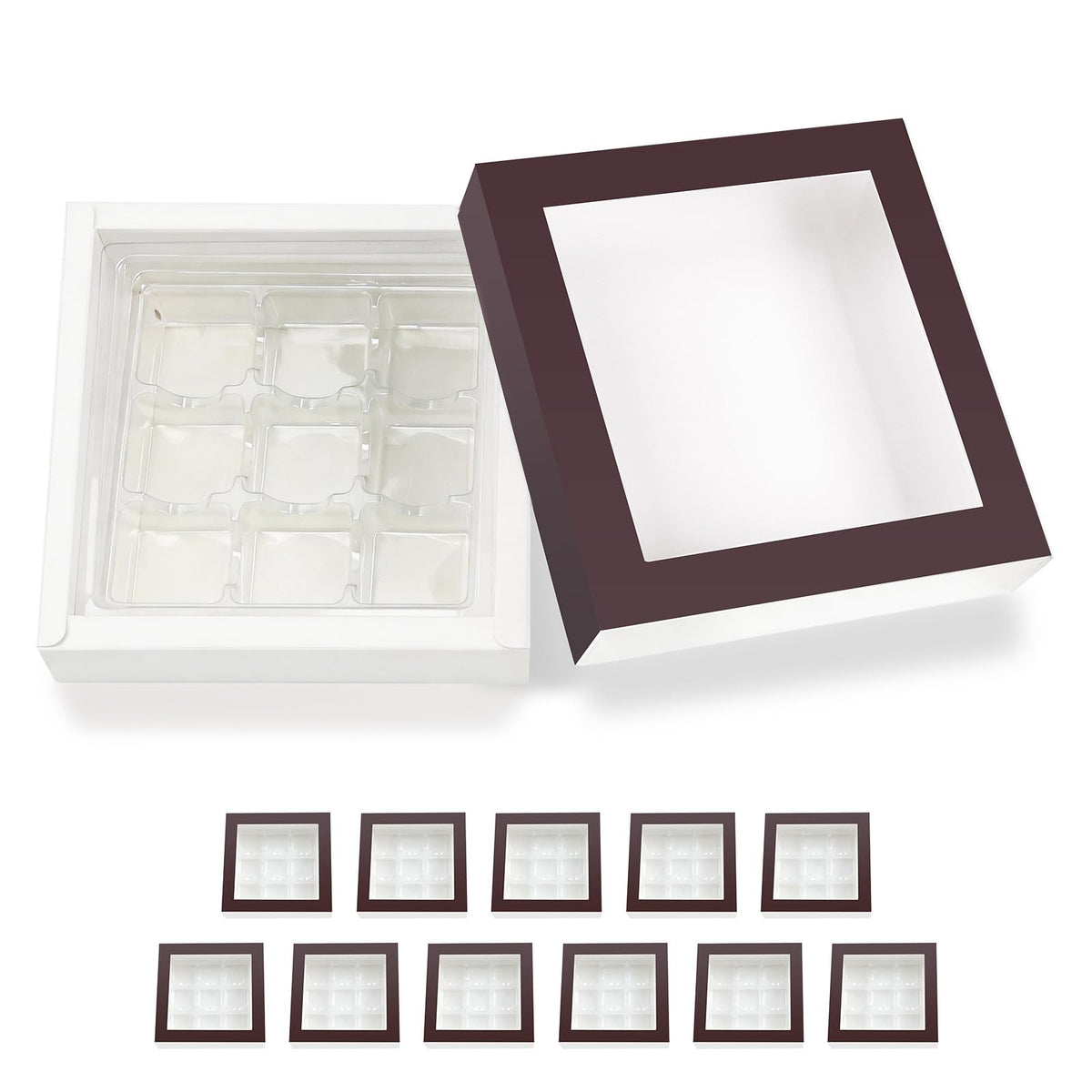 BAKIPACK 12 Brown Truffle Boxes with 9-Piece Plastic Tray, Chocolates Boxes
