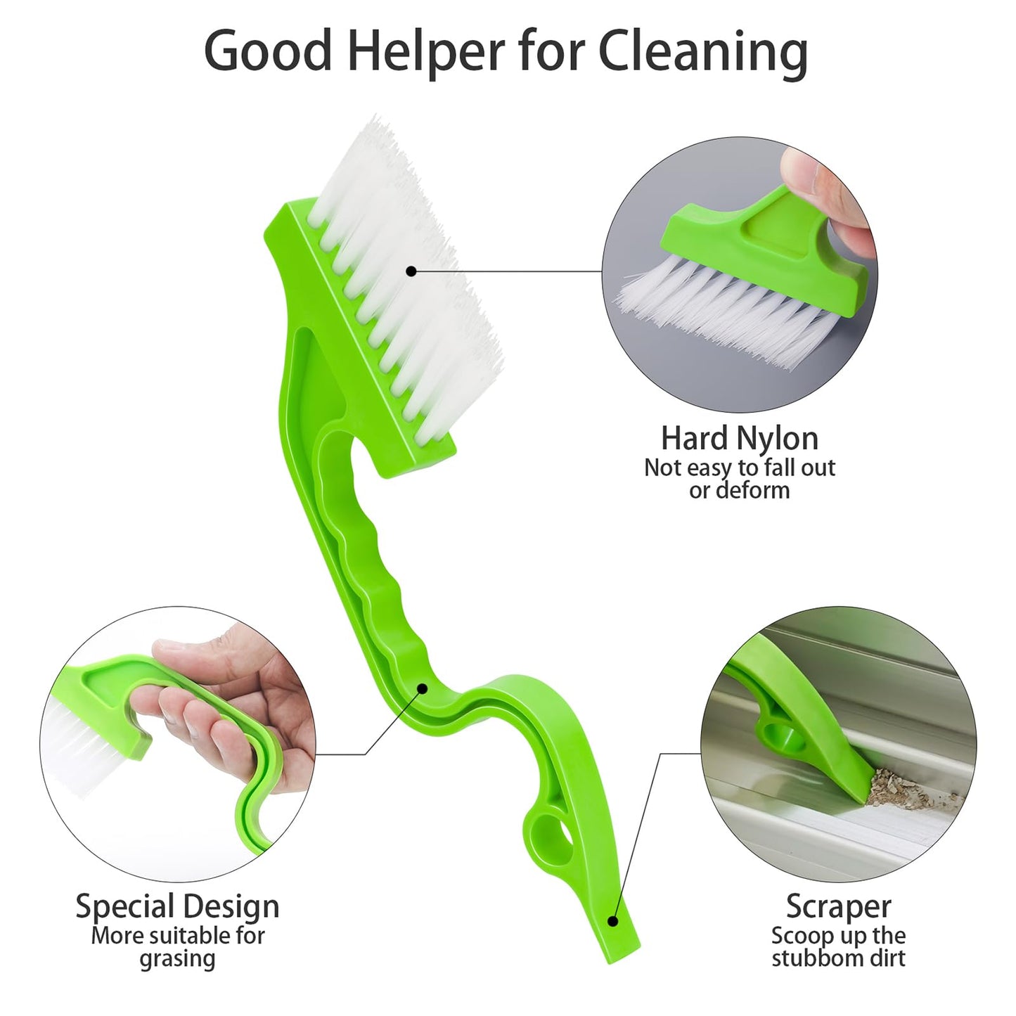 Asltw Swan Neck Cleaning Brush Set, 3 Angled Handle Scrub Brushes + 1 Crevice Brush for Window Tracks, Grout, Corners and Tight Spaces, Firm Bristles