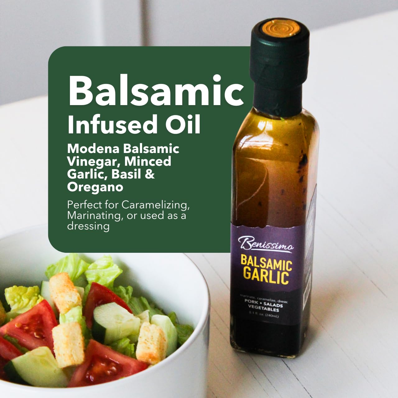 Benissimo Herb Infused Cooking Oil Chef Pack - 4 Artisan Flavored Oils: Italiano, Roasted Garlic, Mediterranean Garlic & Balsamic Garlic - Gourmet Cooking Oil Gift Set, All Natural, 8.1 fl oz Each