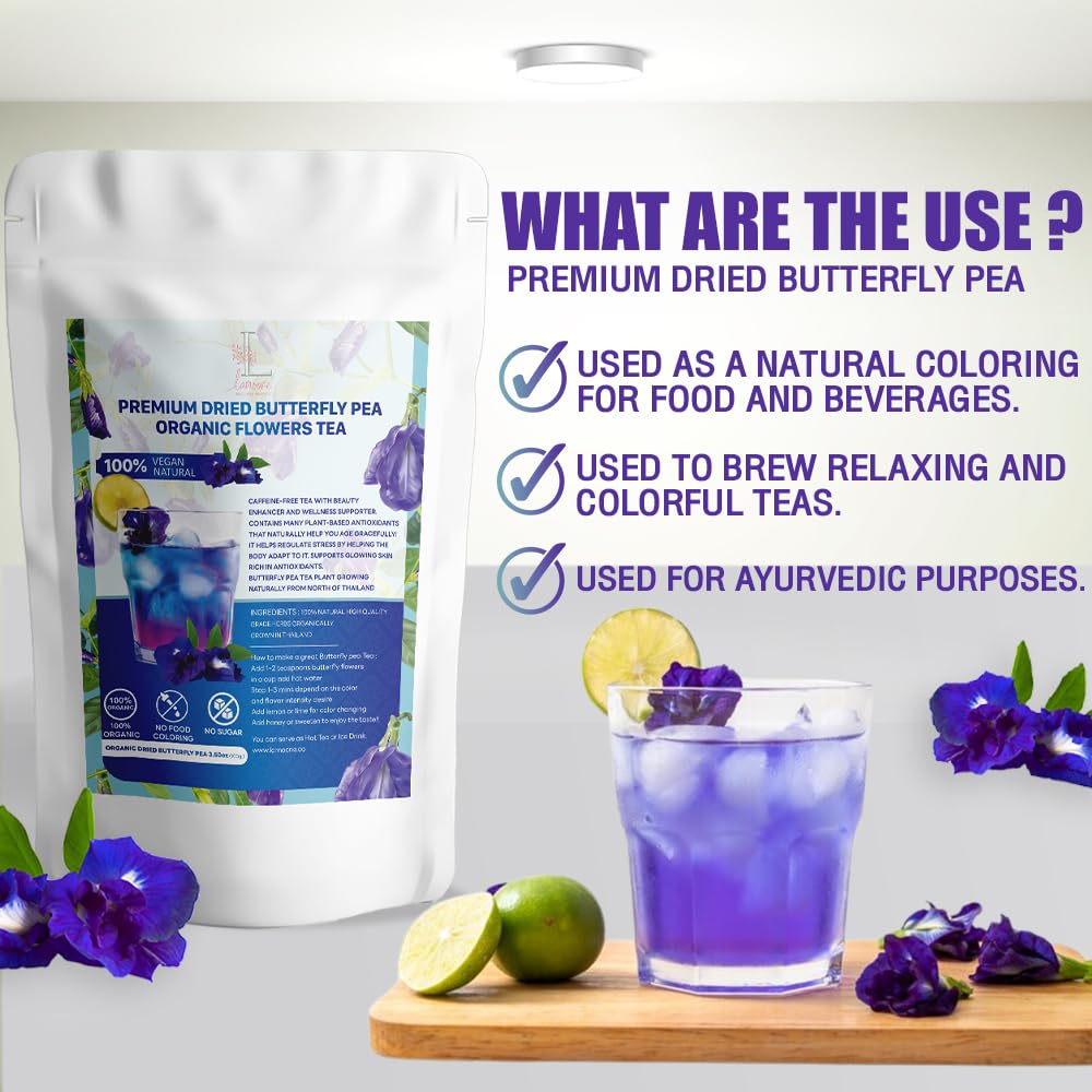 BIG VALUE PACK Blue Tea - Lamoone Premium Organic Dried Butterfly Pea, Purple Tea, Violet Tea, Non - GMO, 100g. (3.52 OZ) Rich Antioxidants. Natural