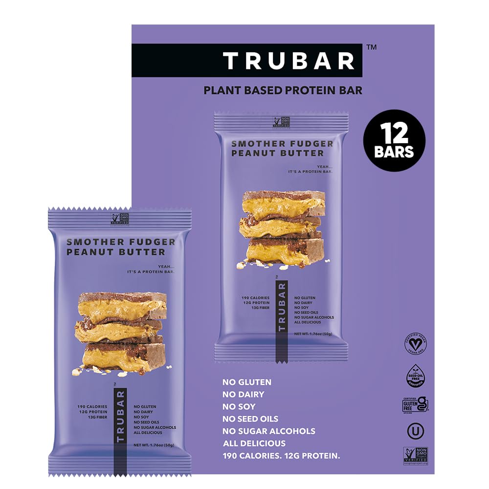 TRUBAR Vegan Protein Bar, Smother Fudger Peanut Butter, Gluten Free, Plant Based Protein, Dairy Free, Non GMO, Soy Free, No Sugar Alcohols, 12G