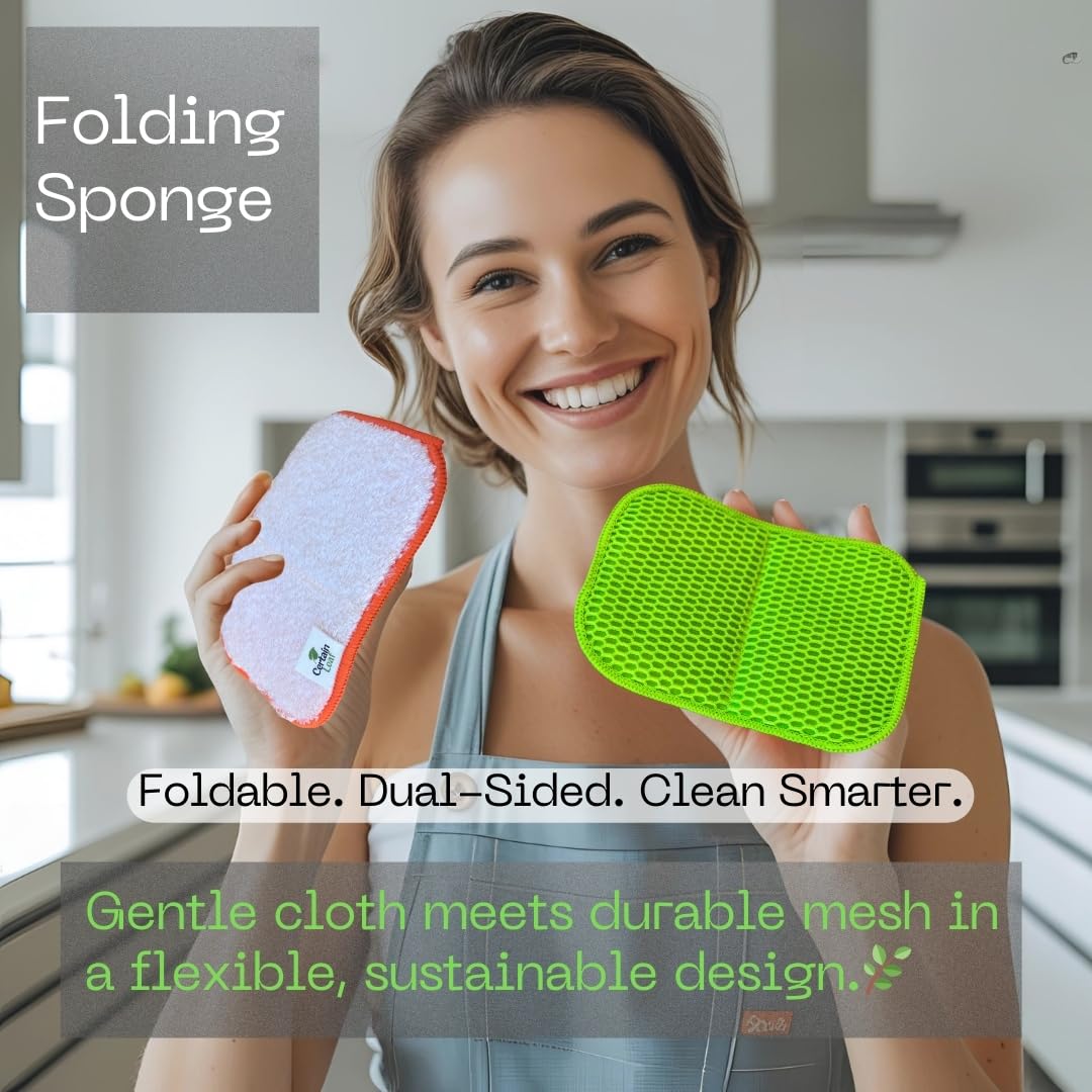 Certain Leaf Foldable Dish Sponge - Thin Dual-Sided with Mesh Scrubber and Rayon derived from Bamboo Reusable Non-Scratch Kitchen Sponge