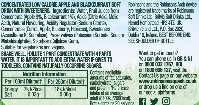 Robinson's Fruit Drink, Apple & Blackcurrant, No Added Sugar, 1-Liter Plastic Bottles (Pack of 4)