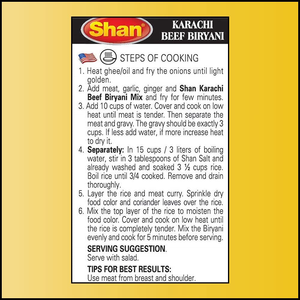Shan Karachi Beef Biryani Recipe and Seasoning Mix 2.11 oz (60g) - Spice Powder for Hot and Spicy Beef Pilaf - Suitable for Vegetarians - Airtight Bag