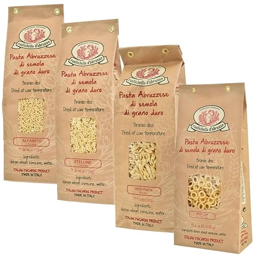 Rustichella d’Abruzzo Small Pasta Variety Pack - Stelline, Alfabeto, Anellini & Orzo - 4 x 17.6 oz (500g) Italian Pastina Set - Durum Wheat Semolina