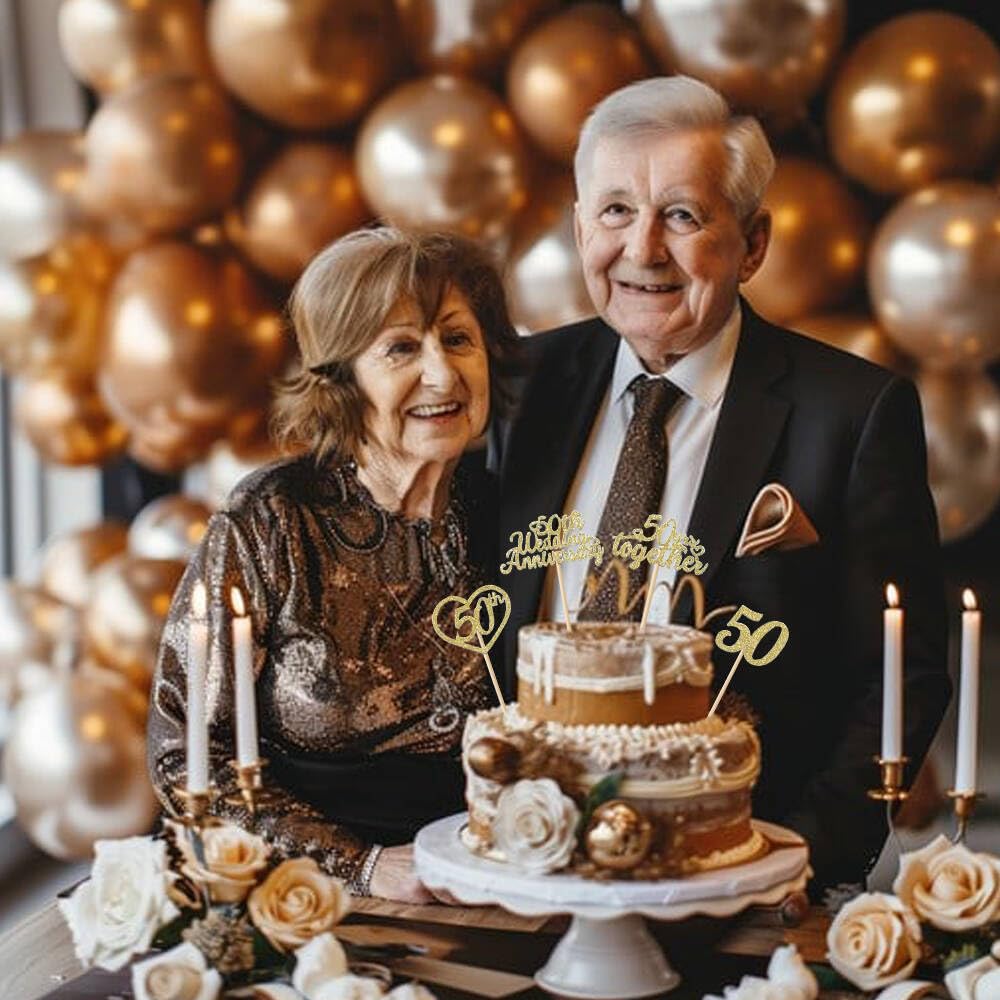 24Pcs 50th Wedding Anniversary Cupcake Toppers Gold Glitter 50th Golden Heart Cupcake Picks for Celebration 50 Golden Wedding Anniversary Party
