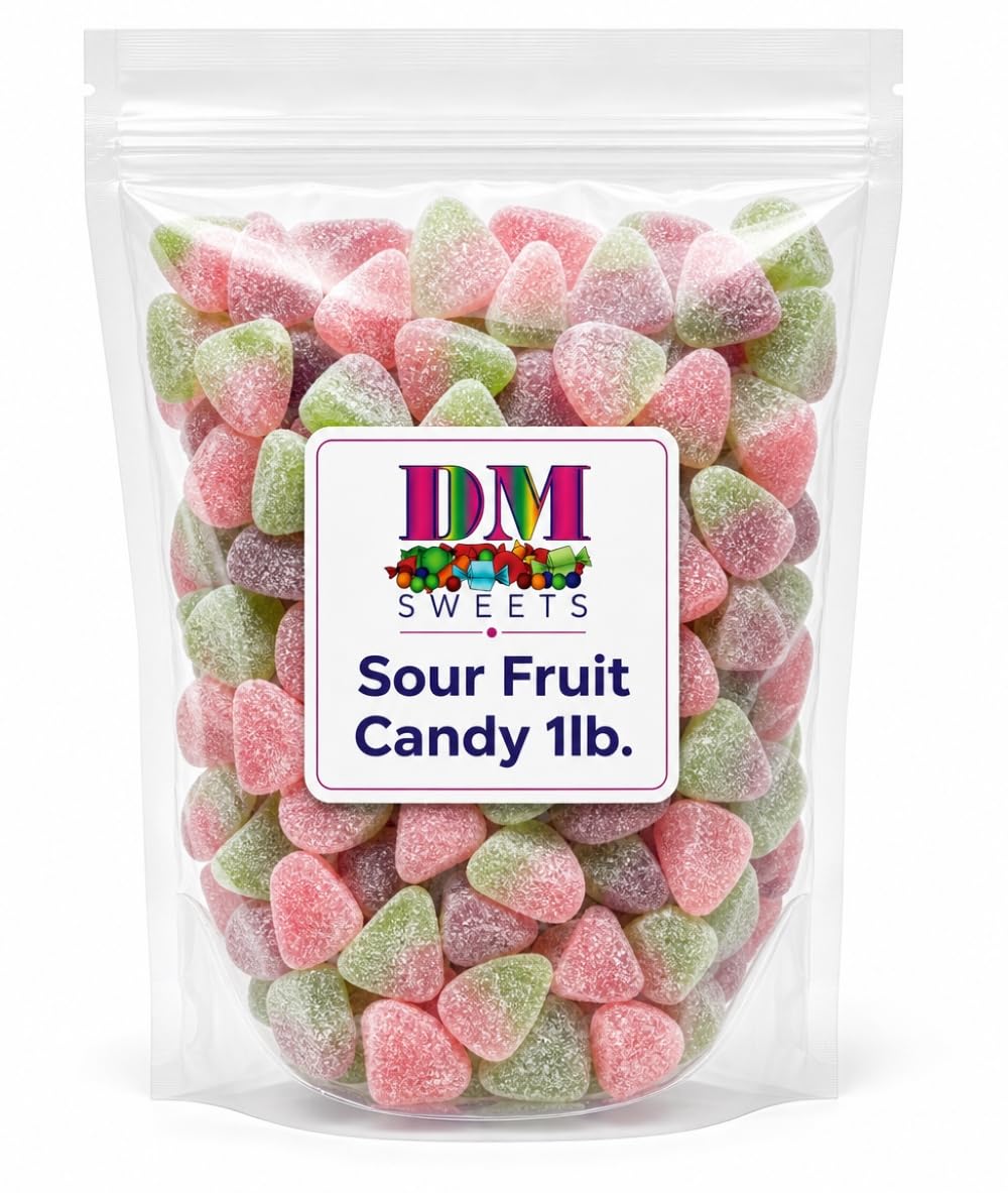 Vegan Sour Fruit Candy - 1 lb Bulk Assorted Watermelon Peach Cherry Sugar Sanded Gelatin Free Gummies. Made with Real Fruit Puree