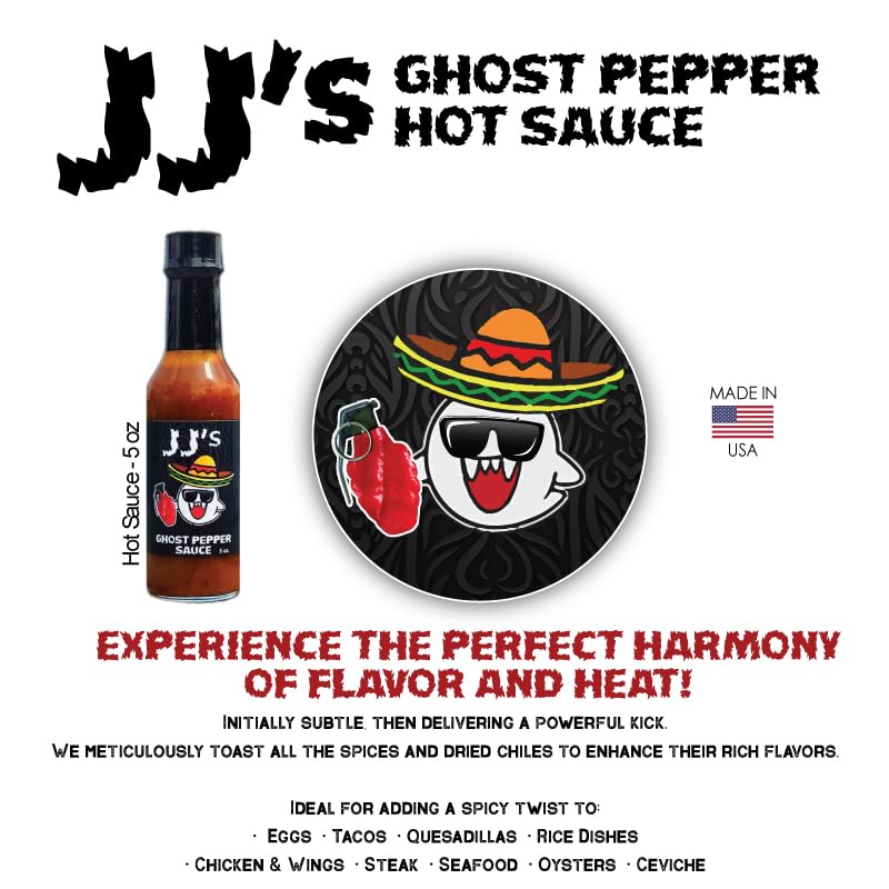 JJ's Ghost Pepper Hot Sauce, 5 oz, Spicy Sauce for Tacos, Wings, Seafood and More - Made in USA - 3 pack