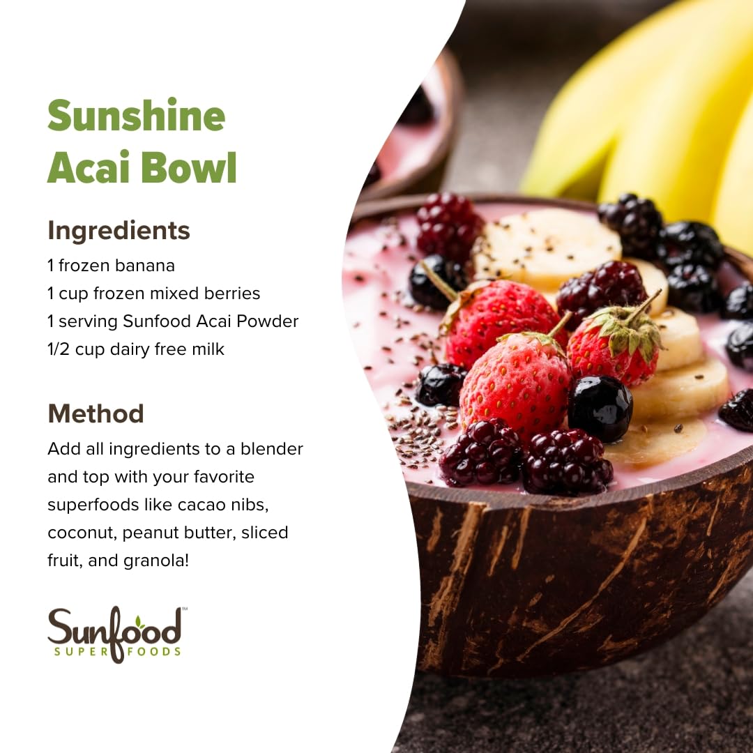 Sunfood Superfoods Organic Acai Powder - Dried Acai Berry Powder Mix for Smoothie Bowls & Drinks, Fruit Source of Antioxidants, Gluten Free, USDA