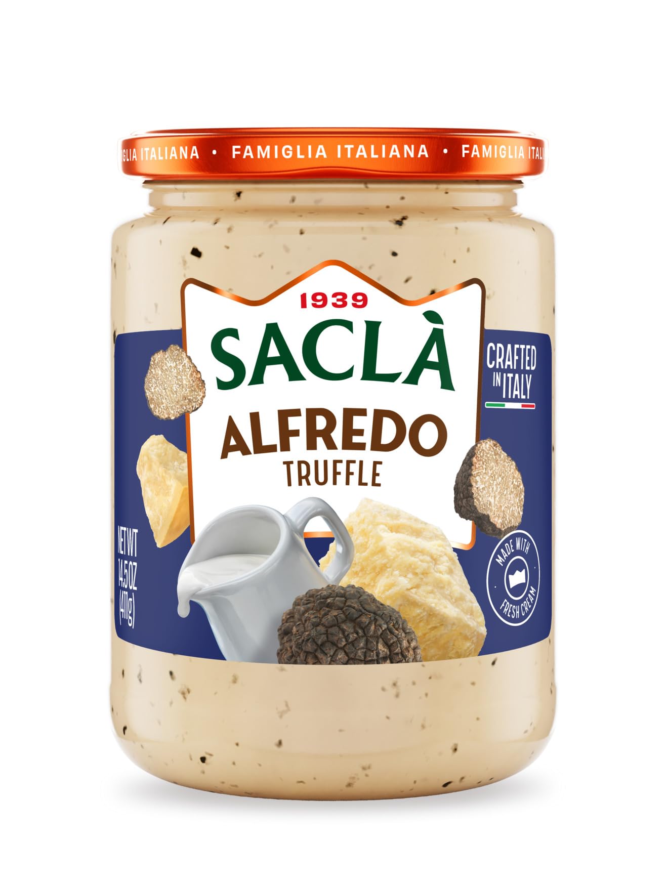 SACLA Alfredo Sauce with Truffle | Creamy Italian White Pasta Sauce with Italian Cheese & Gourmet Truffle | 14.5 oz Glass Jar | Imported from Italy