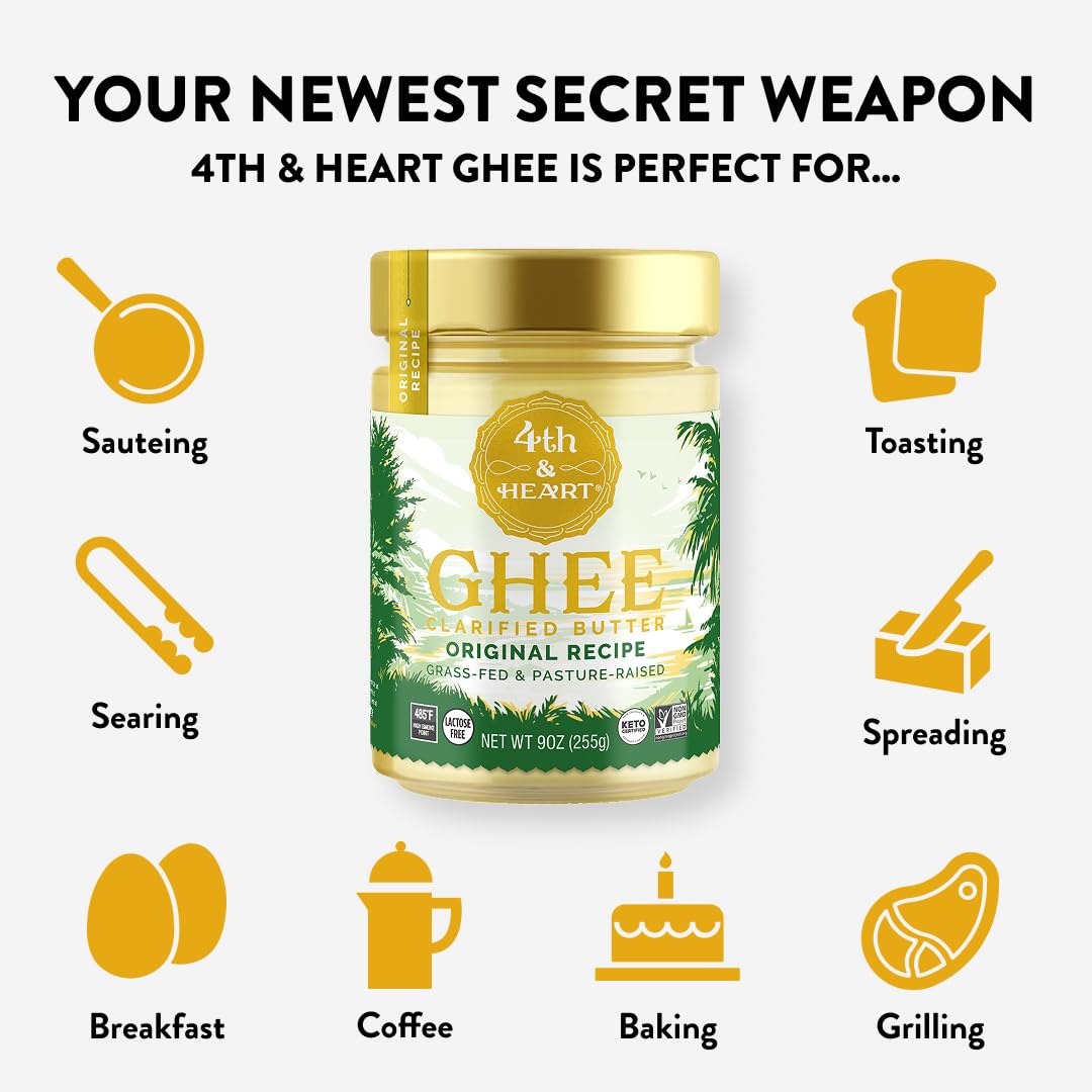4th & Heart Himalayan Pink Salt Grass-Fed Ghee, Clarified Butter, 100% Butter Fat, Pasture-Raised, Lactose & Casein Free, High Smoke Point Cooking