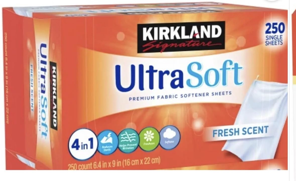 Kirkland Signature Fabric Softener Sheets, Premium Ultra Soft, Fresh Scent, 250 Sheets, White