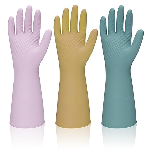 Reusable Kitchen Dishwashing Gloves - 3 Pairs Rubber Household Cleaning Gloves, Flexible and Durable & Non-slip Cleaning Gloves, Great for Kitchen