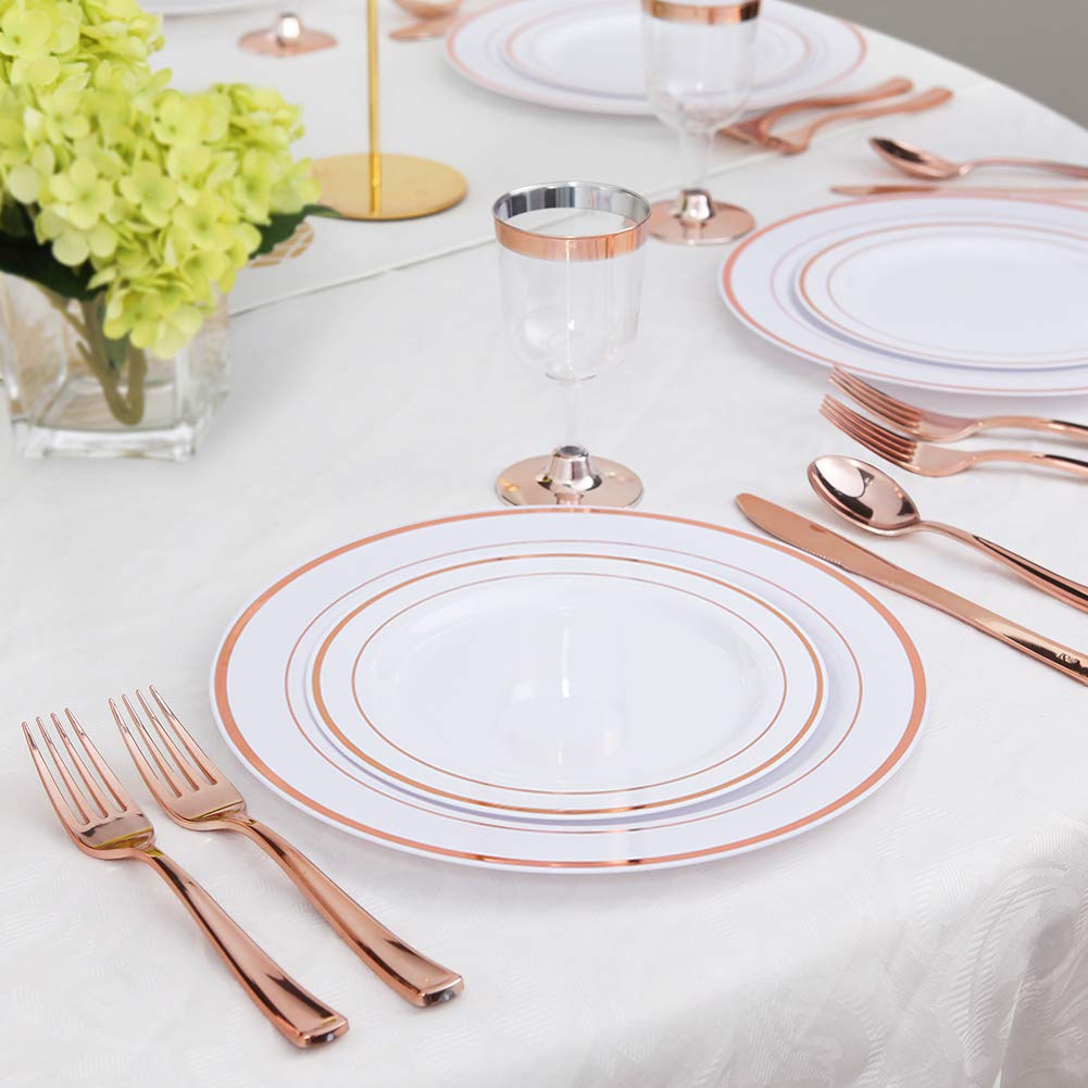 WDF-125PCS Rose Gold Plastic Silverware&Disposable Plastic Plates - Disposable Plates include 25 Dinner Plate,25 Salad Plate,25 Forks, 25 Knives, 25